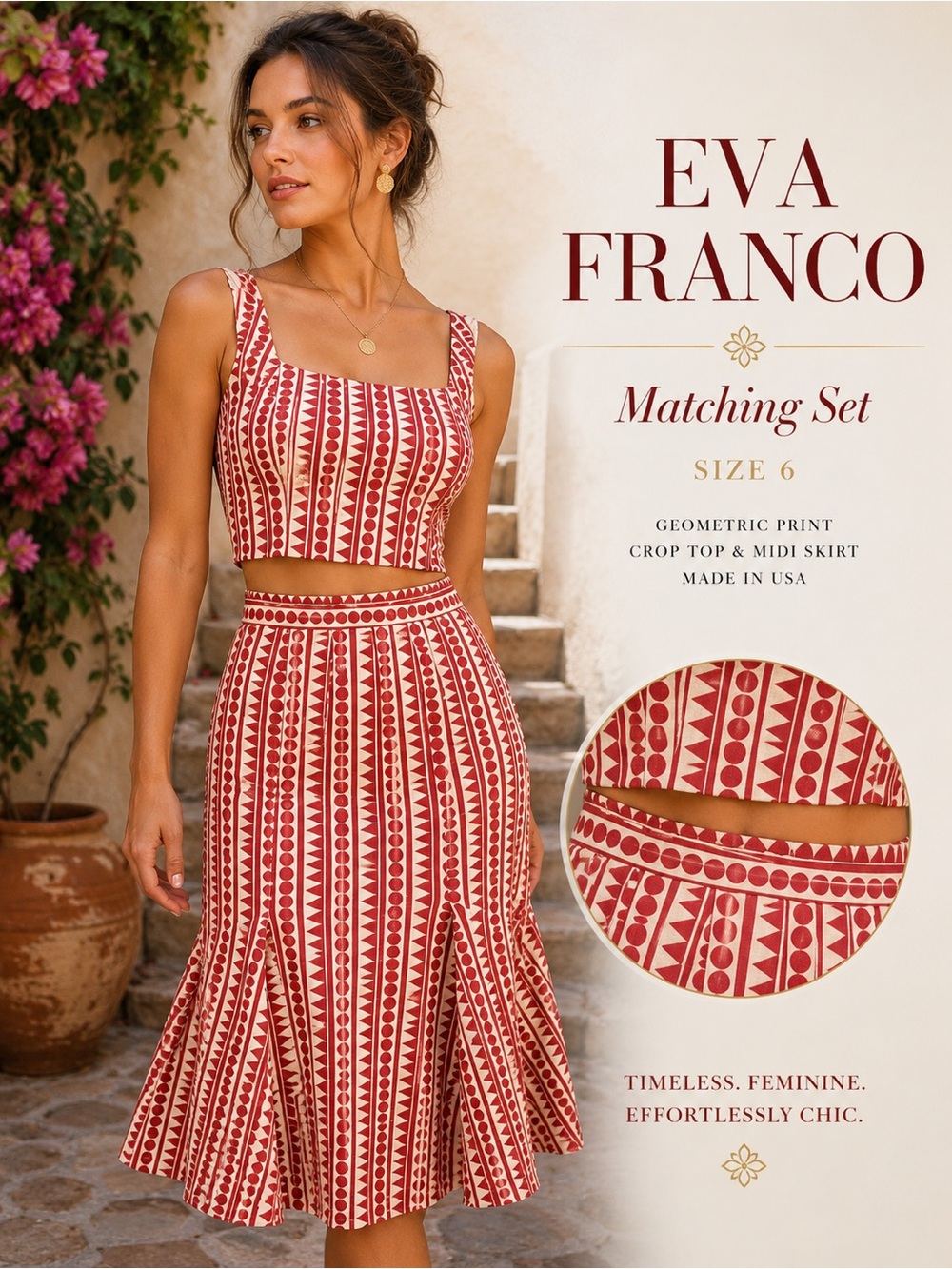 Eva Franco Donnie Matching Set Red Cream Geometric Crop Top & Midi Skirt Size 6